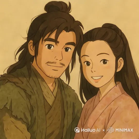 至尊宝抱着紫霞扭头，两个人在交谈说话[拉远,上升,下摇] by Hailuo AI Video Generator