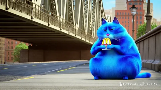 一只蓝色的很胖的猫，在桥边吃麦当劳 by Hailuo AI Video Generator
