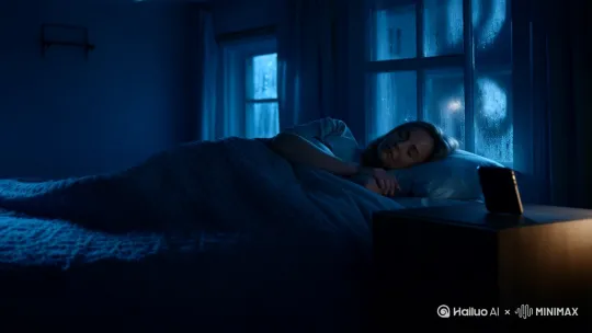 "A dark, cozy bedroom at night. A white woman sleeps soundly in bed near a frost-covered window glowing with faint moonlight. The room is unlit, bathed mostly in soft, cold blue tones, with a faint trace of warm ambient light—barely glowing, just enough to give the space a gentle warmth. Her smartphone rests silently on the bedside table—no light, no sound. Quiet, cinematic, cold but peacefully comforting." by Hailuo AI Video Generator