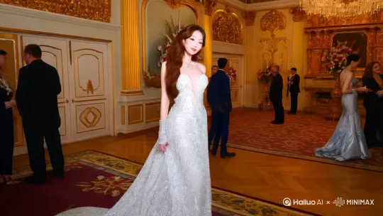 一位颜值很高的美女，衣香鬓影的名利场、纸醉金迷的物质生活的那种“俗”，身着华服、享受宴会与度假，生活就像刚刚擦过的银器闪闪发亮，影视质感视频
 by Hailuo AI Video Generator