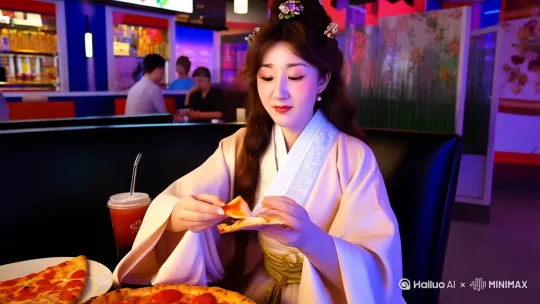 一身穿汉服的绝世美女，坐在快餐店里吃披萨，嘴里咬着的披萨和手里拿着的披萨之间拉出芝士丝，她的餐桌上摆着一盘披萨，一盘牛扒，一盘炸鸡，薯条，大杯可乐，洋葱圈，芝士球。 by Hailuo AI Video Generator