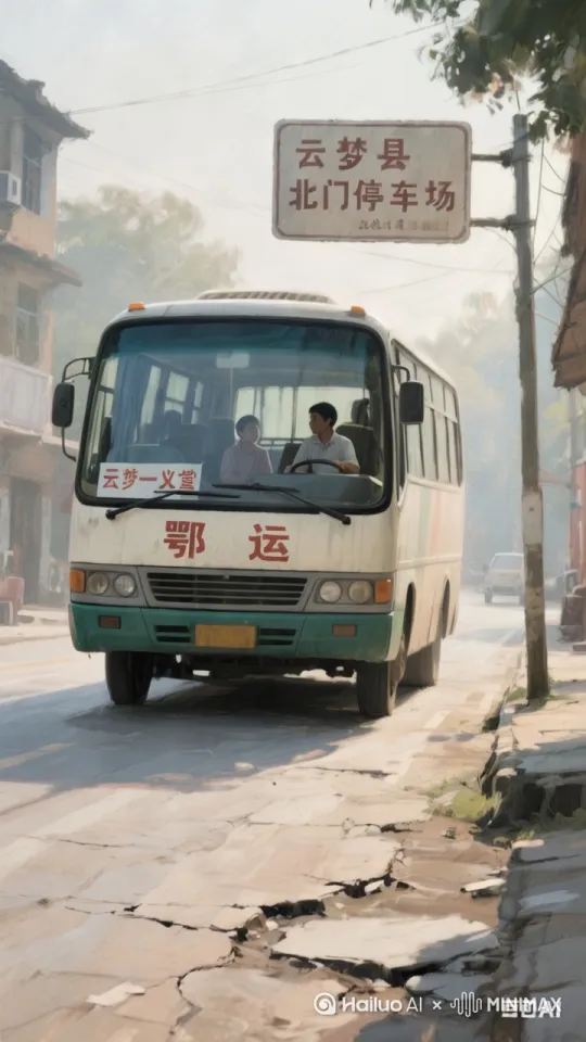 帮我生成一张图片：帮我生成一张图片：90年代，中辆客车行驶在乡镇街道上路面有破损，前方有鄂运喷字，中型客车前挡风玻璃上方有：玻璃上面有:“云梦一义堂”的线路批文，前排有司机，还坐着一名乘客，客車前边有路牌“云梦县北门停车场”比例 9:16。比例 9:16。原比例。 by Hailuo AI Video Generator