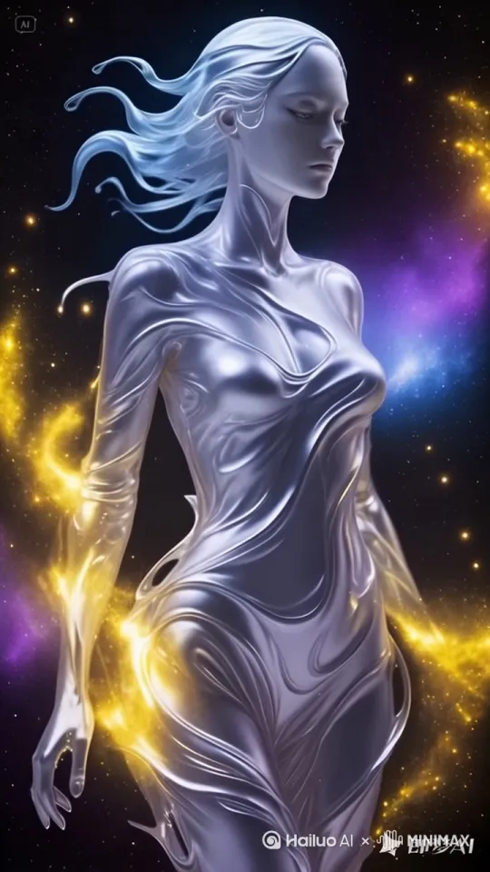 女子的身体像水一样流动变化，身边星云粒子悬浮 by Hailuo AI Video Generator