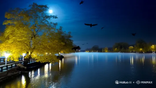 分镜1: 暗蓝色夜空挂著残月，江畔枫叶在秋风中摇曳。零星渔火映照水面波纹，霜雾弥漫的江面上飘过乌鸦剪影。镜头缓慢平移，冷色调光线渲染出孤寂清冷的深秋夜色。

分镜2: 木制客船停泊在姑苏城外的寒山寺脚下。古刹飞檐轮廓隐于夜色，远处钟楼亮著微弱油灯光晕。采用浅景深构图，水面倒影被突然响起的钟声惊起层层涟漪，声波在冷雾中缓缓扩散。 by Hailuo AI Video Generator