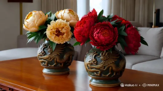 客厅的桌子上，两个圆圆的雕龙画凤的花瓶里，各盛开着金色和大红色的繁茂的牡丹花。 by Hailuo AI Video Generator