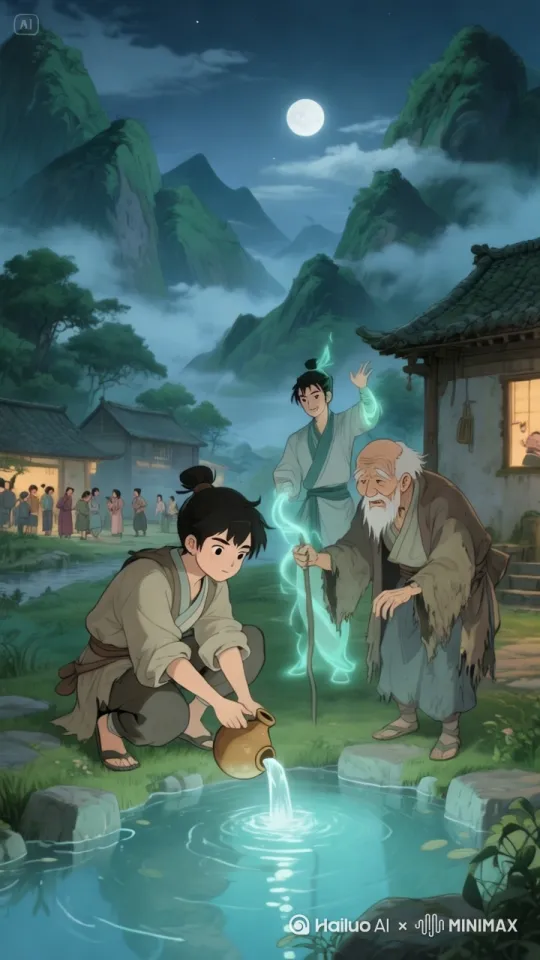 灵泉村的传说
在群山环抱之处,有一个名叫灵泉村的地方。村子不大,却因村头那口终年不涸的灵泉而远近闻名。传说这灵泉乃是天上仙女不慎打翻宝壶,其中仙水洒落人间所化,能治愈百病,带来祥瑞。
村里有个名叫阿福的年轻后生,为人善良正直,勤劳勇敢。阿福家中贫寒,父母早逝,却从未抱怨生活,靠着自己的双手耕种几亩薄田,勉强维持生计。
一日,村里突然来了个衣衫褴褛的老者。他步伐蹒跚,面色蜡黄,时不时剧烈咳嗽。阿福见老者可怜,便将他带回家中,拿出自己仅有的食物招待他,还腾出床铺让老者休息。老者在阿福家一住就是几日,阿福始终悉心照料,毫无怨言。
这天夜里,阿福正睡梦中,突然听到一阵奇怪的声响。他起身查看,发现竟是老者发出的。只见老者周身散发着奇异光芒,痛苦地扭动身躯。阿福赶忙上前询问,老者虚弱地说:“我本是守护灵泉的精灵,因触犯天条,被天帝惩罚,如今法力消散,痛苦不堪。”阿福大惊,但他心生怜悯,说道:“老人家,可有什么办法能帮您缓解痛苦?”
老者缓缓说道:“唯有灵泉之水,可解我痛苦。但需在黎明前,用特制的葫芦去灵泉汲取,且取水过程中不能回头。”阿福毫不犹豫,拿起老者给的葫芦就冲向灵泉。
当他来到灵泉边,四周静谧无声,月光洒在泉面上,波光粼粼。阿福蹲下身子,将葫芦放入泉中。就在葫芦快要装满时,背后突然传来熟悉的呼喊声:“阿福,你为何在此?”阿福听出是老者声音,下意识想要回头。但他猛然想起老者叮嘱,咬咬牙,强忍住回头的冲动,继续装满葫芦。
回到家中,阿福将灵泉之水递给老者。老者喝下后,光芒大盛,瞬间恢复了精神,化作一位俊朗的青年。青年感激地看着阿福说:“你通过了考验,心怀善良且意志坚定。为报答你,我可满足你一个愿望。”阿福思索片刻说:“我希望灵泉能一直保佑村子风调雨顺,村民健康平安。”
青年微笑点头,施展法力。从此,灵泉村愈发繁荣,灵泉的神奇功效也愈发显著。而阿福的善良事迹,也在村子里代代相传。 by Hailuo AI Video Generator