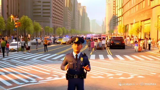 中帮我做一个交警叔叔在马路上辛苦的执勤。小朋友对他说，警察叔叔，你辛苦了。五一快乐！ by Hailuo AI Video Generator