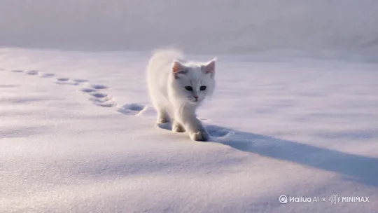 小猫在雪地中前行，突然停下来脚步，抬头看了下远处的雪山 by Hailuo AI Video Generator