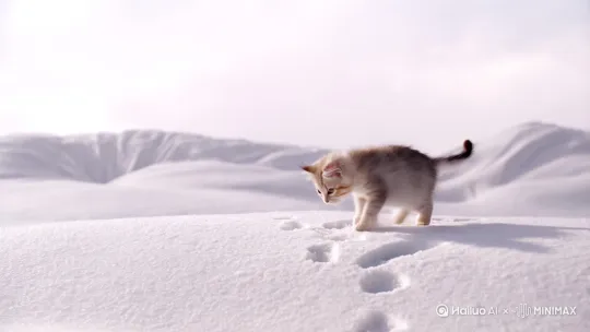 小猫在雪地中缓慢地前行，突然小猫停下来脚步，镜头推进到小猫的脸部，小猫抬头看了下远处的雪山，镜头推进到雪山，雪山上有一只巨大的黑老鼠正在咆哮 by Hailuo AI Video Generator
