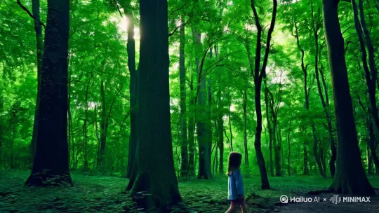 一人小女孩走在绿光森林里，周围的树很高，光穿透了茂密的树叶，洒在小女孩身上，画面极其梦幻 by Hailuo AI Video Generator
