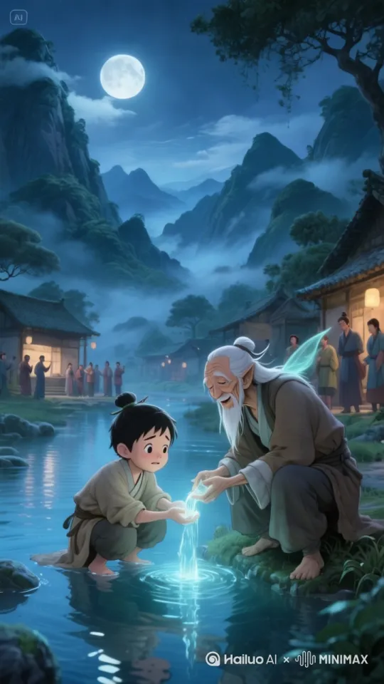 灵泉村的传说
 
在群山环抱之处，有一个名叫灵泉村的地方。村子不大，却因村头那口终年不涸的灵泉而远近闻名。传说这灵泉乃是天上仙女不慎打翻宝壶，其中仙水洒落人间所化，能治愈百病，带来祥瑞。
 
村里有个名叫阿福的年轻后生，为人善良正直，勤劳勇敢。阿福家中贫寒，父母早逝，却从未抱怨生活，靠着自己的双手耕种几亩薄田，勉强维持生计。
 
一日，村里突然来了个衣衫褴褛的老者。他步伐蹒跚，面色蜡黄，时不时剧烈咳嗽。阿福见老者可怜，便将他带回家中，拿出自己仅有的食物招待他，还腾出床铺让老者休息。老者在阿福家一住就是几日，阿福始终悉心照料，毫无怨言。
 
这天夜里，阿福正睡梦中，突然听到一阵奇怪的声响。他起身查看，发现竟是老者发出的。只见老者周身散发着奇异光芒，痛苦地扭动身躯。阿福赶忙上前询问，老者虚弱地说：“我本是守护灵泉的精灵，因触犯天条，被天帝惩罚，如今法力消散，痛苦不堪。”阿福大惊，但他心生怜悯，说道：“老人家，可有什么办法能帮您缓解痛苦？”
 
老者缓缓说道：“唯有灵泉之水，可解我痛苦。但需在黎明前，用特制的葫芦去灵泉汲取，且取水过程中不能回头。”阿福毫不犹豫，拿起老者给的葫芦就冲向灵泉。
 
当他来到灵泉边，四周静谧无声，月光洒在泉面上，波光粼粼。阿福蹲下身子，将葫芦放入泉中。就在葫芦快要装满时，背后突然传来熟悉的呼喊声：“阿福，你为何在此？”阿福听出是老者声音，下意识想要回头。但他猛然想起老者叮嘱，咬咬牙，强忍住回头的冲动，继续装满葫芦。
 
回到家中，阿福将灵泉之水递给老者。老者喝下后，光芒大盛，瞬间恢复了精神，化作一位俊朗的青年。青年感激地看着阿福说：“你通过了考验，心怀善良且意志坚定。为报答你，我可满足你一个愿望。”阿福思索片刻说：“我希望灵泉能一直保佑村子风调雨顺，村民健康平安。”
 
青年微笑点头，施展法力。从此，灵泉村愈发繁荣，灵泉的神奇功效也愈发显著。而阿福的善良事迹，也在村子里代代相传。 by Hailuo AI Video Generator