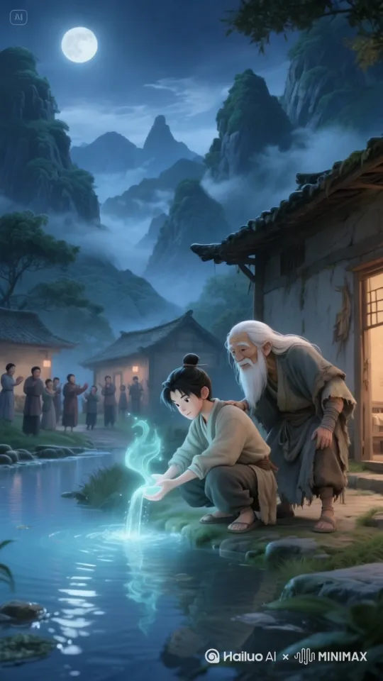 灵泉村的传说
 
在群山环抱之处，有一个名叫灵泉村的地方。村子不大，却因村头那口终年不涸的灵泉而远近闻名。传说这灵泉乃是天上仙女不慎打翻宝壶，其中仙水洒落人间所化，能治愈百病，带来祥瑞。
 
村里有个名叫阿福的年轻后生，为人善良正直，勤劳勇敢。阿福家中贫寒，父母早逝，却从未抱怨生活，靠着自己的双手耕种几亩薄田，勉强维持生计。
 
一日，村里突然来了个衣衫褴褛的老者。他步伐蹒跚，面色蜡黄，时不时剧烈咳嗽。阿福见老者可怜，便将他带回家中，拿出自己仅有的食物招待他，还腾出床铺让老者休息。老者在阿福家一住就是几日，阿福始终悉心照料，毫无怨言。
 
这天夜里，阿福正睡梦中，突然听到一阵奇怪的声响。他起身查看，发现竟是老者发出的。只见老者周身散发着奇异光芒，痛苦地扭动身躯。阿福赶忙上前询问，老者虚弱地说：“我本是守护灵泉的精灵，因触犯天条，被天帝惩罚，如今法力消散，痛苦不堪。”阿福大惊，但他心生怜悯，说道：“老人家，可有什么办法能帮您缓解痛苦？”
 
老者缓缓说道：“唯有灵泉之水，可解我痛苦。但需在黎明前，用特制的葫芦去灵泉汲取，且取水过程中不能回头。”阿福毫不犹豫，拿起老者给的葫芦就冲向灵泉。
 
当他来到灵泉边，四周静谧无声，月光洒在泉面上，波光粼粼。阿福蹲下身子，将葫芦放入泉中。就在葫芦快要装满时，背后突然传来熟悉的呼喊声：“阿福，你为何在此？”阿福听出是老者声音，下意识想要回头。但他猛然想起老者叮嘱，咬咬牙，强忍住回头的冲动，继续装满葫芦。
 
回到家中，阿福将灵泉之水递给老者。老者喝下后，光芒大盛，瞬间恢复了精神，化作一位俊朗的青年。青年感激地看着阿福说：“你通过了考验，心怀善良且意志坚定。为报答你，我可满足你一个愿望。”阿福思索片刻说：“我希望灵泉能一直保佑村子风调雨顺，村民健康平安。”
 
青年微笑点头，施展法力。从此，灵泉村愈发繁荣，灵泉的神奇功效也愈发显著。而阿福的善良事迹，也在村子里代代相传。 by Hailuo AI Video Generator