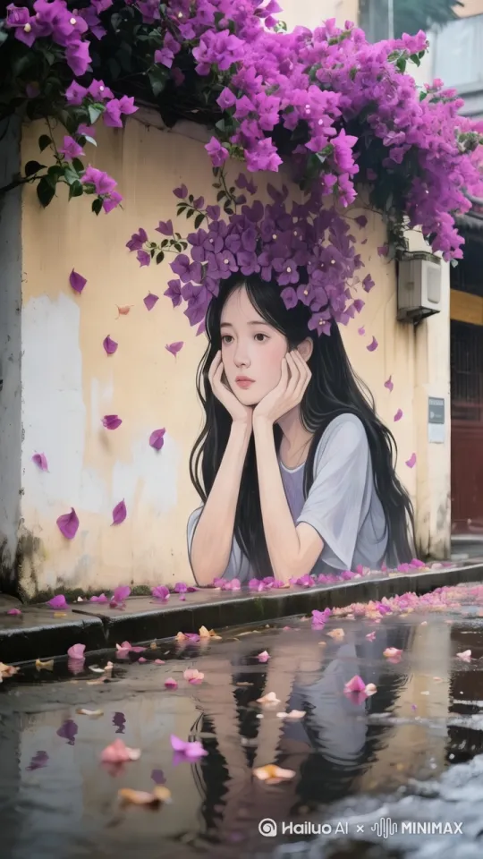 人物保持不动，花朵随风飘散，镜头慢慢靠近 by Hailuo AI Video Generator