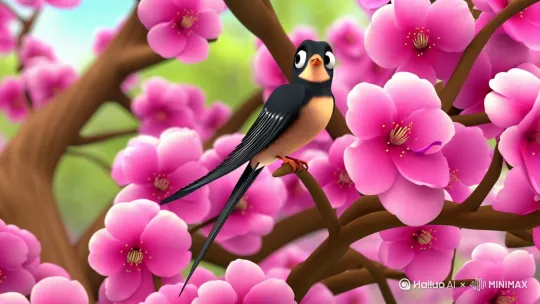 | **停歇桃花枝头**<br>燕子落在开满桃花的树枝上,花瓣飘落。 | 粉色桃花簇、褐色树枝 | 燕子收翅站立,歪头整理羽毛,花瓣缓缓落下 | **中国现代卡通,3D卡通风格,皮克斯风格**,乌黑羽毛的小燕子停在桃花枝头,剪刀尾巴自然下垂,圆眼睛好奇张望,粉色花瓣飘落,背景虚化突出燕子与花朵,风格甜美温馨。 by Hailuo AI Video Generator