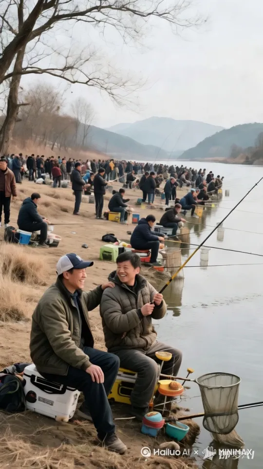 让每个人都快速跳进河里、疯狂抓鱼，水面爆炸、炸出许多鱼，水花四溅。场面壮观，给人眼前一亮的感觉。 by Hailuo AI Video Generator