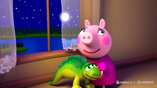 某个失眠夜，佩奇抱着恐龙玩偶凝视窗外的星河。猪妈妈轻手轻脚来为她盖被子，指尖留下的温度让她想起白天在幼儿园学到的新成语：形影不离。她突然伸手拽住妈妈睡衣下摆："妈妈也是我的佩奇吗？"月光穿过蕾丝窗帘，在地板上勾勒出两颗紧紧相依的心形投影。那一刻她隐约懂得，人类用千年光阴创造的词语，本质都是对生命本能的诗化确认。
晨雾再次笼罩小山坡时，佩奇已经能听懂秋风讲述的故事。她不再追问落叶为何归根，因为她正把最爱的胡萝卜分给路过的刺猬；她不再困惑"我配你"的深层意蕴，因为她清晨在校门口喊出"爸爸早安"的声音甜过蜂蜜。或许这正是童年的奇迹——当我们用真心拥抱世界时，所有深邃的哲理都会化作嘴角的梨涡，所有抽象的汉字都变成温暖的触觉体验。[右摇,变焦推进] by Hailuo AI Video Generator