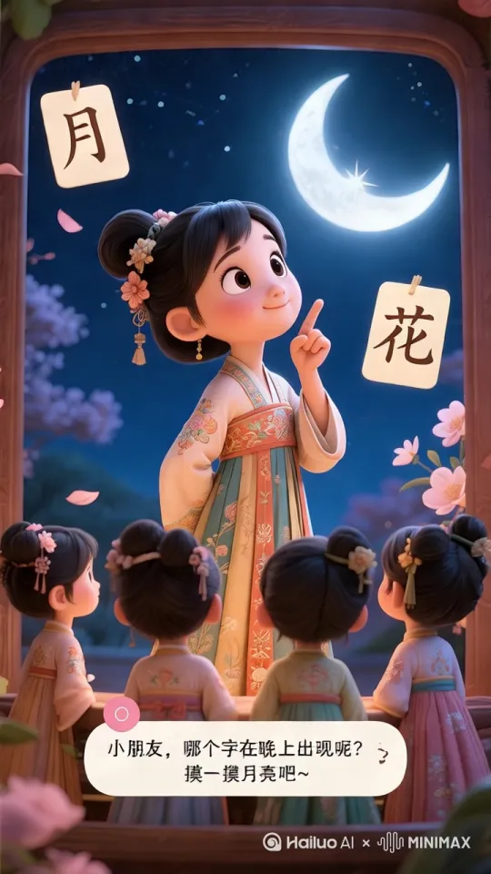**互动环节**（5秒）：
- 镜头：云团转向观众，手指点腮思考状
- 动画特效：屏幕两侧飘出"月""花"字卡，正确答案会发光
- 台词："小朋友，哪个字在晚上出现呢？摸一摸月亮吧~" by Hailuo AI Video Generator