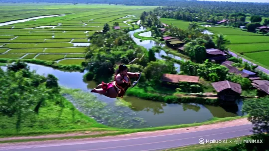 快速高空跟踪镜头移动[右摇,变焦推进]，无人机视角，背景在一个中国乡村的马路边的水田上，[推进,上升]一个穿着古装很性感胖妹扛着大刀的姿势向前飞行，[左摇,变焦推进]轻松地在水田上空踏空飞行，[右移,左摇,跟随]她扛着大刀，双腿像中国轻功一样在空中飞纵，双脚往前疾奔，[推出,上升,下摇]仿佛在空中踏出一条路，捕捉平滑飞行的感觉。衣服和头发随风摇摆，[右移,跟随]相机从略高位置的俯视角度紧密跟踪从左后方向右后方移动，随着角色穿越场景。环境是动态的，快速变化，不断往后掠过的水田里蹦出来的一只只鳄鱼，[下降,上摇]四周是错落的房屋和田地。 by Hailuo AI Video Generator