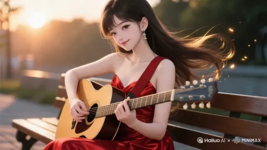[左移,推进,右摇]女孩坐在长椅上弹吉他
场景：校园林荫小道
时间：傍晚 by Hailuo AI Video Generator
