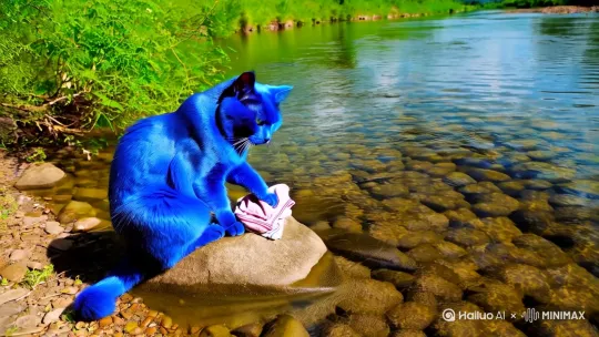 蓝色的胖猫在河边洗衣服 by Hailuo AI Video Generator