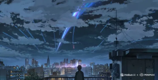 天空流星划过，云层从右到左缓慢移动，画面中央男孩头发被风微微吹动。
镜头语言：固定镜头 by Hailuo AI Video Generator