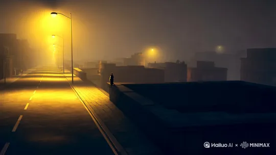 黑夜城市街道，远处屋顶上出现一只猫的黑色剪影，街灯昏黄，夜雾弥漫，镜头缓慢推进，情绪孤独、自由、诗意[左移,推进,右摇] by Hailuo AI Video Generator
