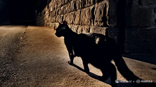 黑猫弓背在夜色中缓慢潜行，背影在墙角拉出长长的影子，两耳竖起，眼睛反射灯光，慢镜头表现动作优雅。[推进,上升] by Hailuo AI Video Generator