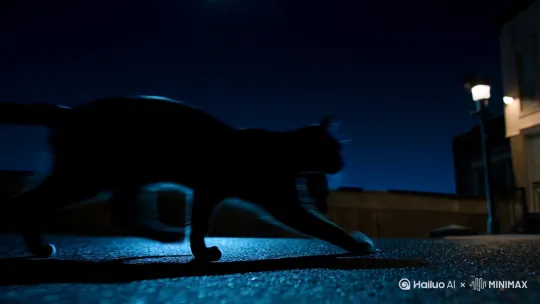 黑猫在夜色中奔跑，从街道到屋顶再跃上高处，画面快速切换，最后定格在高处远望夜空的剪影，表现自由[推出,上升,下摇] by Hailuo AI Video Generator
