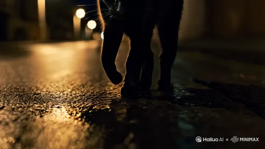 夜晚街头，黑猫的一只爪子轻轻落地，特写 by Hailuo AI Video Generator