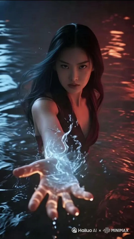 女生施展水魔法，召唤海啸，淹没身后的城市 by Hailuo AI Video Generator