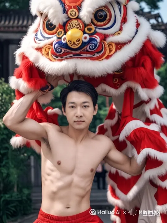 舞狮人一个大的蹲起双手伸直用力闪电般把狮头猛地举过头顶，停留三秒钟，狮头左右眼皮上下眨动，然后稳稳举着狮头，狮子威风凛凛，舞狮人勇猛帅气！要求动作行云流水真实一气呵成！[下降,上摇] by Hailuo AI Video Generator