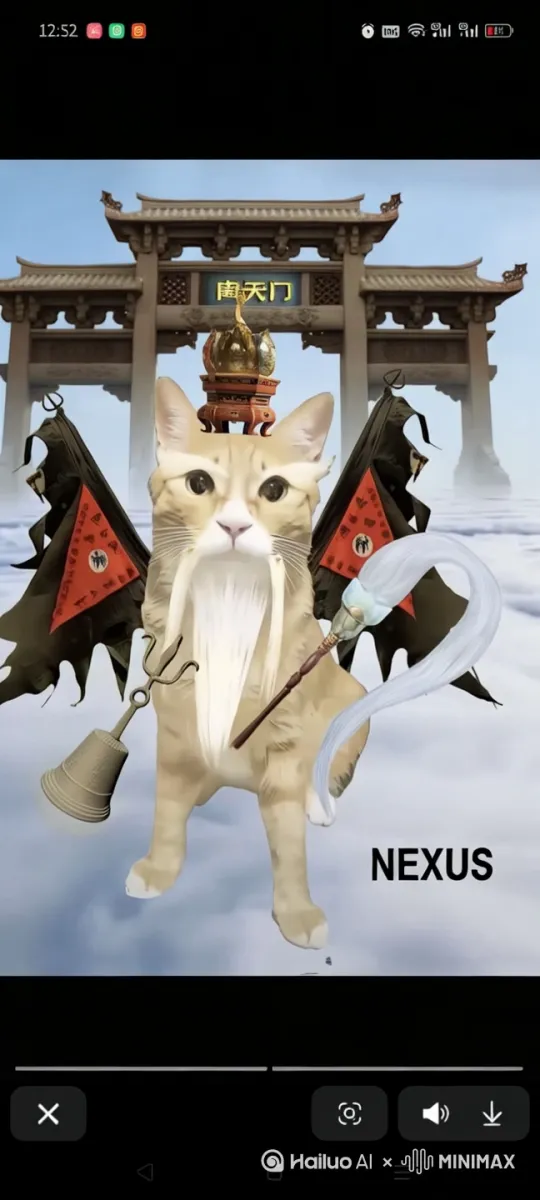 猫咪毛色为浅米色，脸部与爪尖是纯净的白色。它睁着一双圆溜溜的大眼睛，透着灵动与好奇。头顶戴着华丽的金色冠冕，彰显出尊贵之感。长长的白色胡须垂落，为它增添了几分仙风道骨的气质。
 
它身旁配有颇具神话色彩的道具，左侧是一个三叉戟造型连着的铃铛，右侧是带有飘逸白色长穗的拂尘，背后还插着两面黑红配色的旗帜，整体装扮将猫咪与神话元素巧妙融合，既可爱又带着神秘威严的氛围微微的动起来。4k高清 by Hailuo AI Video Generator