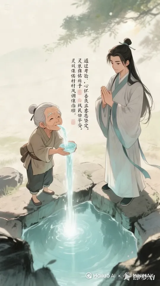 回到家中，阿福将灵泉之水递给老者。老者喝下后，光芒大盛，瞬间恢复了精神，化作一位俊朗的青年。青年感激地看着阿福说：“你通过了考验，心怀善良且意志坚定。为报答你，我可满足你一个愿望。”阿福思索片刻说：“我希望灵泉能一直保佑村子风调雨顺，村民健康平安。” by Hailuo AI Video Generator