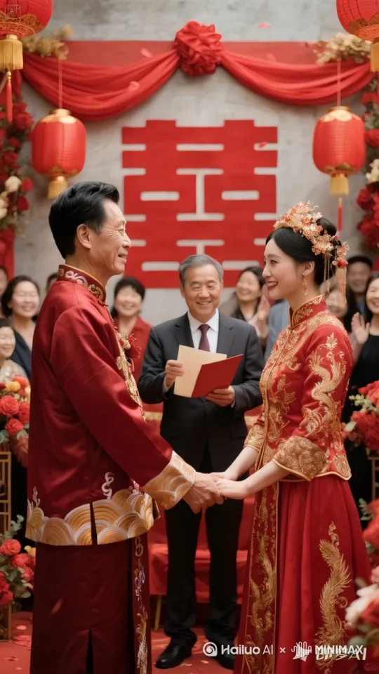 镜头固定，在中国传统喜庆风格布置的婚礼现场，红色绸缎与金色装饰交相辉映，一对新人正面向证婚人。新郎面容上布满岁月痕迹，皱纹清晰可见，头发打理得油光发亮，其左手紧紧拉着新娘的右手。证婚人站于前方，神色庄重，轮到新郎和新娘互相鞠躬环节，新郎的头发突然掉落下来瞬间变成了光头，新娘见状后捧腹大笑，新郎尴尬的捂住了脸，周围的人哈哈大笑。 by Hailuo AI Video Generator