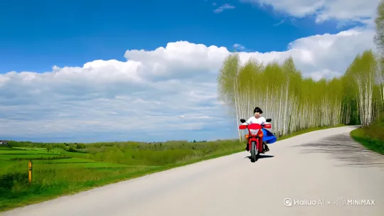 帮我生成视频：湛蓝的天空中朵朵白云，乡间柏油马路，两边是高高的白桦树，一个骑着红色本田摩托车的少女，黑黑的短发，白色衬衣，蓝色短裙，面对镜头，从远方向着镜头骑来，镜头后拉。图片风格为写真，比例，比例是4:3 by Hailuo AI Video Generator