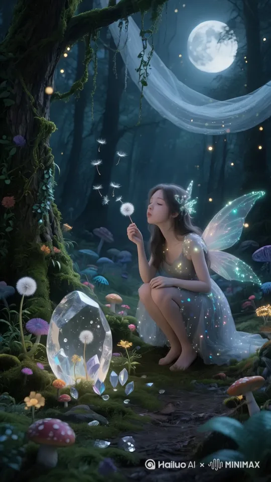 仙女优雅地吹着蒲公英种子四处飘散，脸部不变形，纱幔随风飘花草轻轻摆动 [左移,右摇,跟随] by Hailuo AI Video Generator