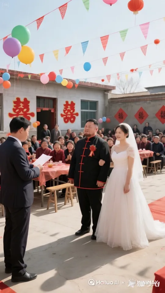 在中国农村广场布置的热闹婚礼现场,大红灯笼高挂,洋溢着喜庆氛围。一对新人正对着证婚人,新郎身形又矮又胖,留有胡子,脸上布满皱纹,头发刻意打理得油光发亮,而新娘则靓丽可爱,身材高挑且消瘦。新郎左手牵着新娘右手。当新人面向证婚人鞠躬瞬间,新郎的头发突然掉下来,新郎瞬间变成了光头,新娘捧腹大笑,新郎满脸尴尬急忙捂脸,周围的亲戚朋友也都跟着哈哈大笑。镜头捕捉人物生动表情与现场欢乐氛围,画面色彩凸显农村婚礼质朴与热闹,专业的构图,达芬奇大师级调色。 by Hailuo AI Video Generator