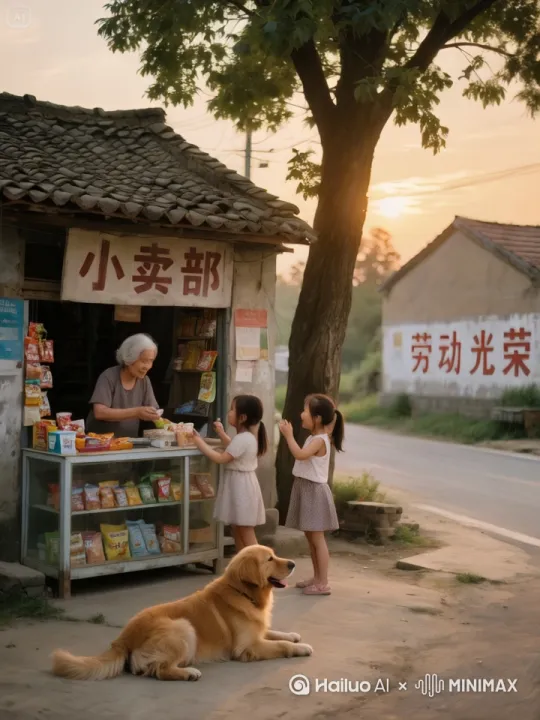 店主笑吟吟的把商品递给小女孩，数着钱，小女孩开心的分着零食，小狗欢快的摇着尾巴，大树的叶子随风飘动 by Hailuo AI Video Generator
