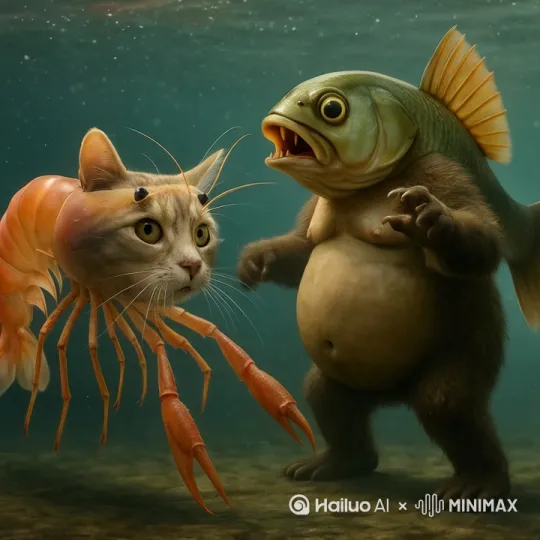 打架，鱼把虾猫打倒 by Hailuo AI Video Generator