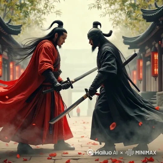 镜头快速切换，双方突然用功夫对打，直拳连击→飞踢闪避→擒拿反制→兵器碰撞火星四溅，武术高手般激烈打斗，120帧升格慢动作 by Hailuo AI Video Generator