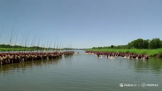 两岸上好多人在钓鱼，水面平静，突然水面爆炸、炸出许多大鱼，大鱼上下翻飞，水花四溅，每个人都快速跳进河里、疯狂抓鱼，场面壮观，给人眼前一亮的感觉。很多很多的鱼满天飞，很多人围观，然后跳下去疯狂抓鱼 by Hailuo AI Video Generator