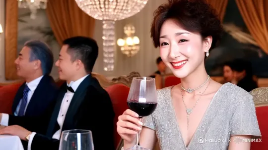 一富婆着装的年轻漂亮女子，在豪华餐厅里和朋友品红酒，微笑，短卷发 by Hailuo AI Video Generator