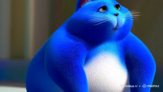 蓝蓝的毛和皮肤。肚子上是白色的。类似猫的生物，胖胖的 by Hailuo AI Video Generator