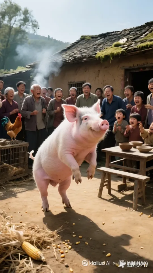 猪抬起身子，扭着屁股，大摇大摆舞动起来，四周是吃惊掉下巴怀疑人生的人 by Hailuo AI Video Generator
