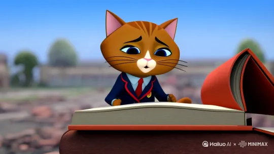 [左移,右摇,跟随]一只穿着校服的小猫看着书很苦恼的样子，[推进,上升]突然一个写着五一大放假的炸弹从天而降把学校炸为平底，[左移,推进,右摇]烟雾慢慢散去，穿着黑色风衣的小猫走在废墟中的街道上，背后有着一道闪烁蓝色光芒的时空隧道。[左移,上升]学校的领导都跪在地上惊讶地看着它。 by Hailuo AI Video Generator