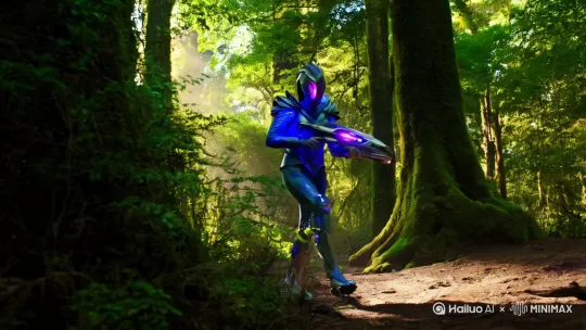 一名外星人战士，走在树林子里面，拿着能量武器准备埋伏敌人 by Hailuo AI Video Generator