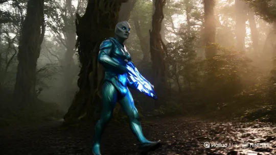 一名外星人战士，走在树林子里面，拿着能量武器准备埋伏敌人 by Hailuo AI Video Generator