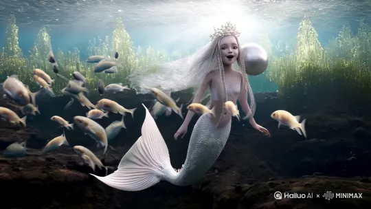 昏暗深邃海底，幼小的美人鱼睁开大眼睛，[右摇,变焦推进]云母质地的白色鳞片闪烁珠光，银色长发随水流四处飘散，柔嫩肌肤泛珍珠光泽，蚌肉粉嫩晶莹剔透，排列成串的透明的鱼群环绕游弋，穿梭在长长飘曳的发丝中，有珍珠头饰，魔幻超写实电影风格，8k超清展现鳞片晶体结构和珠蚌质感，景深层次呈现近景人鱼与远景发光水草丛林，强烈顶光穿透海水形成丁达尔光效。侧逆光表现皮肤通透质地，超高清生物细节刻画，高动态范围光照系统，多层次水体粒子渲染，电影级水下色彩科学，仿生学流体动力学模拟，单纯高雅的浅灰色调展现仙境般的水底世界。头枕着硕大的珍珠，鱼尾高级，配色高级。[左摇,变焦推进] by Hailuo AI Video Generator