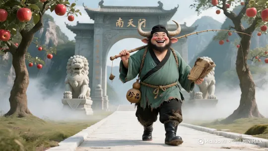 背景画面中是神话角色牛八牛，他体型壮硕、肚大腰圆。头戴黑色帽子，露出一对弯曲的大牛角，蒲扇般的耳朵微微张开。脸部圆润，脸颊泛红似涂了腮红，一双眼睛明亮有神，大鼻子下，嘴巴咧开露出参差不齐的牙齿，笑容灿烂，络腮胡浓密。
 
身着青绿色粗布长袍，领口和袖口有黑色镶边，衣摆磨损破旧，颇具洒脱感。腰间系着草绳，挂着写有“珍品”二字的旧葫芦。下身是黑色肥大裤子，沾满泥土，裤腿挽起。脚上蹬着厚实锃亮的黑色牛皮靴扛着一根自制的钓鱼竿，手里拿着本破破烂烂的《钓鱼秘籍》，晃晃悠悠地来到了南天门。
 
南天门高大巍峨，门头上有三个南天门大字。气势磅礴，宛如一座屹立不倒的神山。门前，两只宏伟的石狮子威风凛凛地蹲坐着，它们目光如炬，仿佛在守护着天庭的威严。连接南天门的是一条宽阔无比的白玉大道，大道在仙雾的缭绕下若隐若现，宛如一条漂浮在云海中的银河。大道两旁，高大的苹果树拔地而起，枝头挂满了红彤彤的苹果，在阳光的照耀下，闪烁着诱人的光泽，仿佛一颗颗璀璨的红宝石。
 
牛八牛仰望着南天门，脸上露出既兴奋又敬畏的神情，他的眼睛瞪得大大的，嘴巴微微张开，仿佛被眼前的壮丽景象震撼到说不出话来。过了好一会儿，他才回过神来，一边嘟囔着，一边朝着南天门走去。
 
- 男女主角动作招式：牛八牛挠了挠头，将扛着的钓鱼竿换了个肩膀，一边走一边用手轻轻抚摸着秘籍，像是在给自己打气。他的脚步有些急促，时不时抬头看看南天门，又看看两旁的苹果树，眼神中透露出好奇与期待。路过石狮子时，他还伸手轻轻摸了摸狮子的爪子，像是在和这两位“守门大将”打招呼。
 
- 环境变化：轻柔的仙雾缓缓飘动，时而浓密，时而稀薄，让南天门和周围的一切都蒙上了一层神秘的面纱。阳光透过仙雾，洒下一道道金色的光线，照在苹果树上，给果实镀上了一层更加耀眼的光辉。微风吹过，苹果树的枝叶沙沙作响，仿佛在低声诉说着天庭的故事。
 
- 爆笑对话：
 
- 牛八牛（自言自语，嘟囔）：“乖乖嘞，这南天门可真是气派！听说里面的神仙一个比一个厉害，也不知道我这钓鱼的本事，能不能让他们瞧上一眼。这些苹果看着就好吃，要是能摘几个带着路上吃就好了……”
 
- 分镜运镜：
 
- 全景：从远处拍摄南天门的全貌，包括高大的门楼、门前的石狮子、宽阔的白玉大道、两旁的苹果树以及牛八牛渺小的身影，突出南天门的宏伟壮观与牛八牛的渺小，形成鲜明对比。电影质感超高清画面 高清细节 by Hailuo AI Video Generator