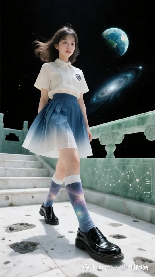 科幻未来主义风格的4K超高清视频，一位身着白色短袖衬衫与蓝白渐变色百褶裙的女性模特，脚踩绘有银河图案的长筒袜和黑色亮面皮鞋，优雅地站立于通往宇宙的阶梯上。背景是浩瀚无垠的星空与蔚蓝色的地球轮廓，栏杆上精心雕刻着十二星座图，地面则是光滑的大理石材质，反射出点点星光。模特以专业的步伐演绎了一场宇宙T台秀，镜头运用流畅的追踪拍摄技巧，首先捕捉到模特五步急速前行的姿态，镜头推进，细致描绘其面部表情与眼神中的坚定与憧憬；随后，三个定点造型展示了模特从头到脚的完美比例与服装细节，镜头适时拉远，展现出模特与宇宙背景的和谐共存；最后，模特以五步快速的步伐返回，镜头再次推进，聚焦于其精致的面部特征与充满力量的眼神。整个视频片段通过精准的镜头运用，展现了科幻与时尚交织的视觉盛宴，让人仿佛置身于未来的时尚宇宙之中。 by Hailuo AI Video Generator